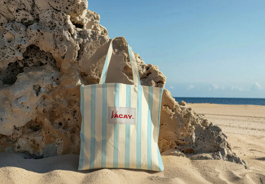 Striped Tote Bag Mockup On Sandy Beach PSD