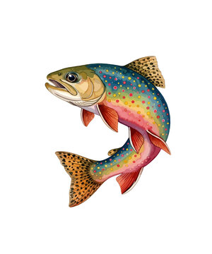 Brook trout illustration with vibrant spots, jumping freshwater fish jumping on white background, colorful salmonid species for fishing gear design