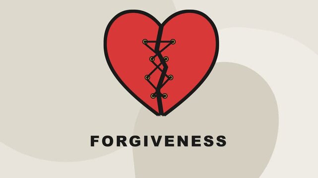 Broken Red Heart Being Stitched Together with Forgiveness Text Symbolizing Relationship Healing and Emotional Recovery
