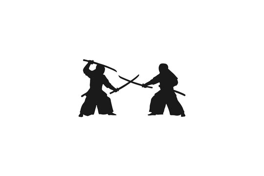 Kendo martial arts silhouettes of two practitioners fighting with bamboo swords