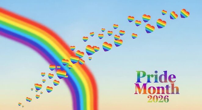 Rainbow arch and hearts cascade across a sky, symbolizing pride, love, equality, and celebration for Pride Month 2026