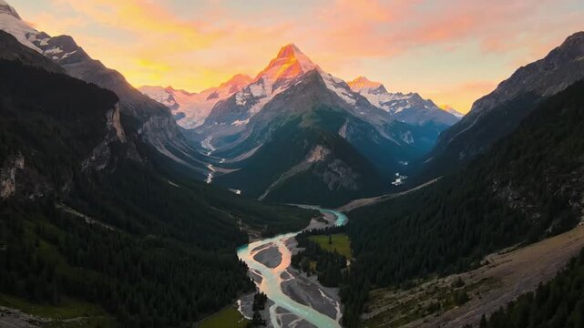 Explore Swiss Alps slopes and river at sunset with aerial view