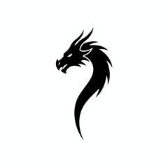 A black dragon head illustration with long neck and flowing mane © Asim