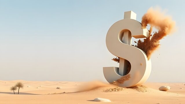 Dollar symbol exploding in desert landscape