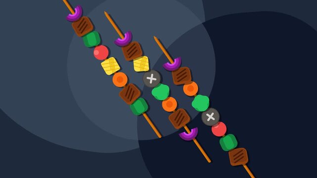 Colorful Flat Design Food Skewers with Grilled Meat and Vegetables on Dark Background Motion Graphic Animation
