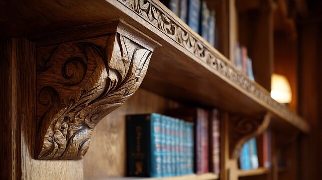 Exquisite ornate carved wooden bookshelf with vintage leather books.