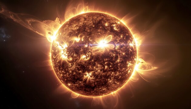 Vibrant, energetic, glowing sun with intricate coronal loops and solar flares in deep space, representing cosmic power, celestial phenomena, and the origin of life and energy.
