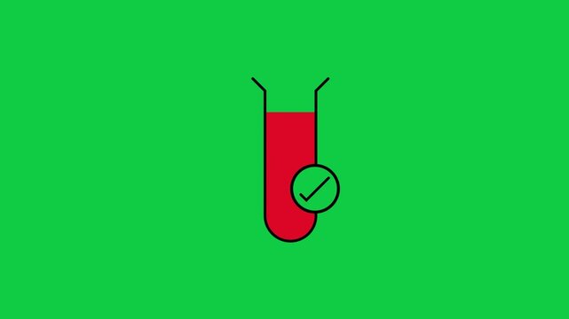 Medical blood test tube with a bright green checkmark icon floating indicating a successful report result or healthy medical diagnosis isolated on green screen