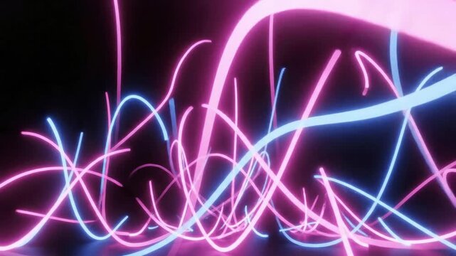 Animation of abstract shapes in pink and blue colors against a black background showing movement and changes over time