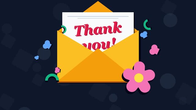 Animated Yellow Envelope Opening to Reveal a Thank You Message Card with Flowers and Geometric Shapes for Customer Appreciation
