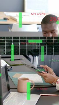 Vertical video: Man tapping tablet and scrolling at desk making finance HUD bars rising showing APY