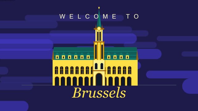 Flat Vector Illustration of Brussels Town Hall Landmark at Night for Travel and Tourism Marketing Projects