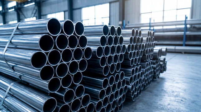 Bundled metal pipes stacked in a spacious factory warehouse for industrial storage