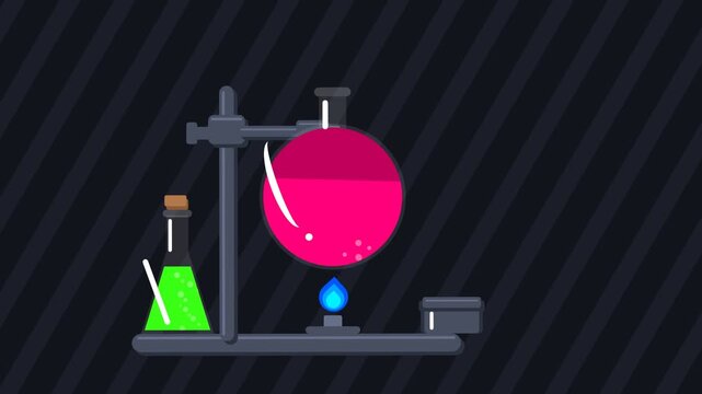 Laboratory Chemistry Experiment Animation with Boiling Pink and Green Liquids in Glass Flasks and Bunsen Burner