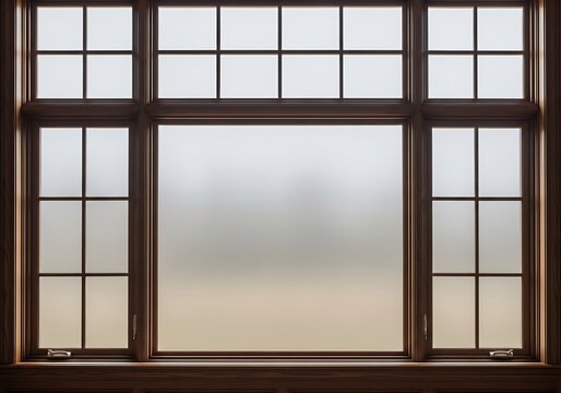 Large wooden window frame with frosted glass and transom panes