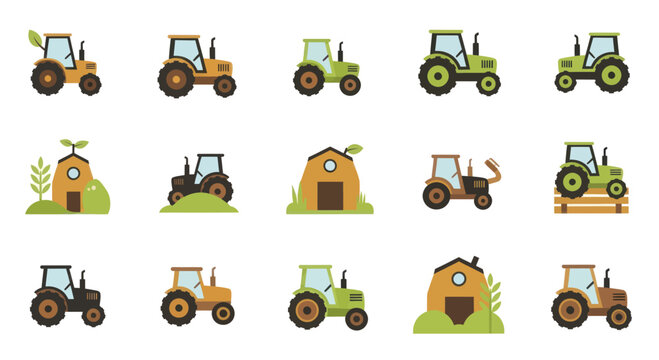 Collection of cartoon tractors and farm buildings.