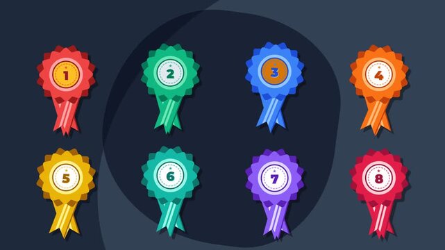 Set of Eight Colorful Numbered Award Ribbons for Ranking Competition Results and Achievement Tracking