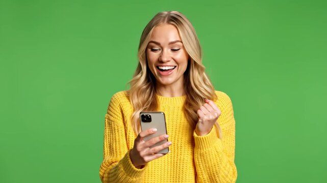 A cheerful blonde woman reacts with surprise and joy to good news on her smartphone, celebrating success.
