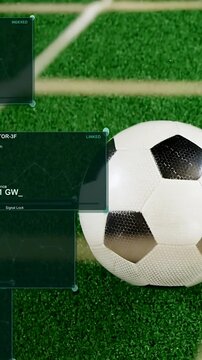 Vertical video: HUD starting panels sliding cam panning mapping stats over soccer ball behind net