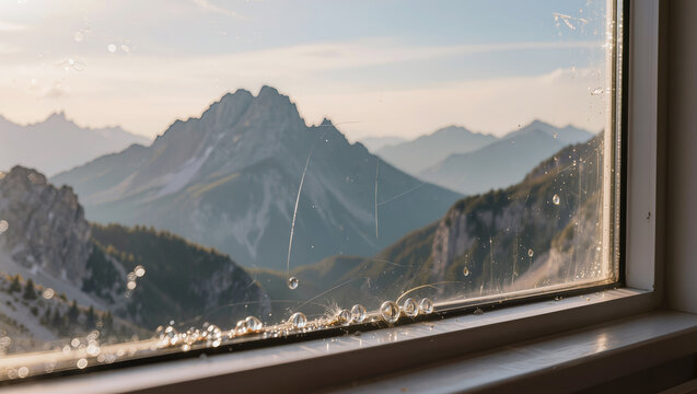 Breathtaking view of alpine mountains through a window with water droplets. Concept of mountain resort, peaceful morning, nature observation, and cozy travel destination in the highlands