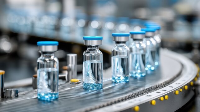 Vaccine vials moving on an industrial conveyor belt