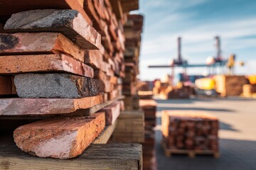 Naklejka premium Stacks of weathered bricks piled on wooden pallets in an industrial yard with blurred cranes and containers in the background under a clear blue sky