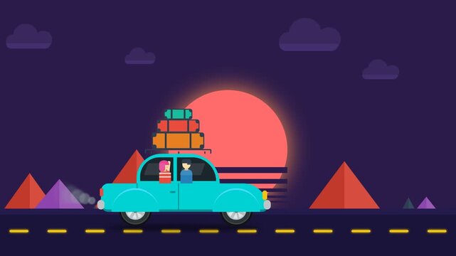 Flat design animation of a blue car driving at sunset with luggage on roof for travel and road trip concepts