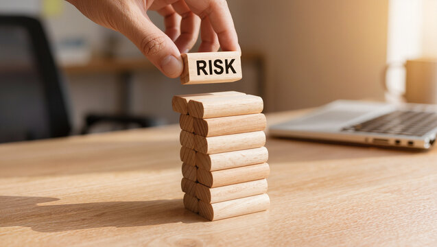 Hand Placing "Risk" Block on Unstable Wooden Tower on Desk