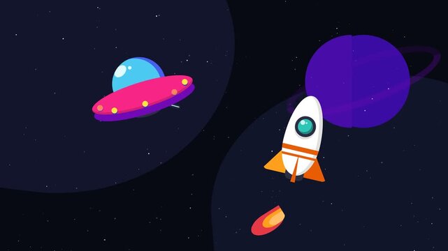 2D Cartoon Space Illustration featuring Rocket Ship and UFO Flying near a Ringed Planet in Starry Galaxy