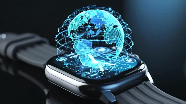 Smartwatch with digital globe on screen.