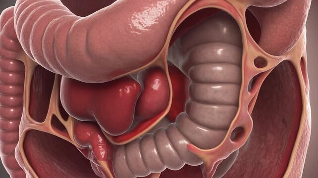 Detailed human digestive system anatomy animation showing intestinal peristalsis and internal organs, symbolizing health and bodily function