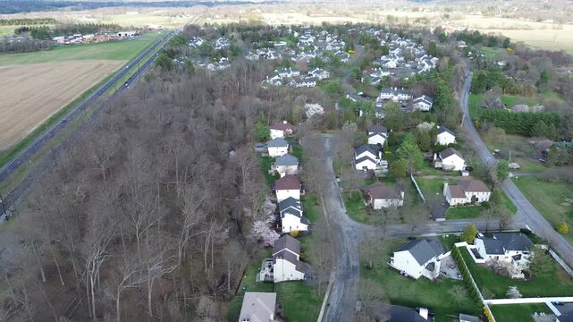 Early spring neighborhood frames homes along Pittenger Rd near Old York Rd within Three Bridges and Readington Township. Soft roof textures, emerging foliage, define surfaces in New Jersey