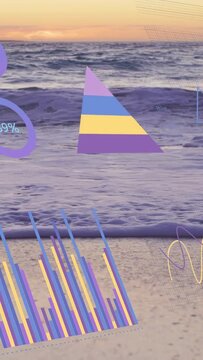 Vertical video: Opening AR charts showing over sunset beach rings fading bars rising mapping trends