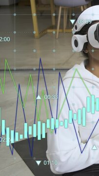 Vertical video: Woman on mat pressing palms, headset guiding breathing, graphs syncing wellness