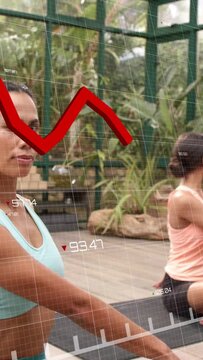 Vertical video: Women doing yoga in studio on mats, HUD starting red chart showing fitness data