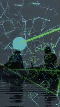 Vertical video: 2 men sitting in boat on lake network emerging sweeping over them showing tech data