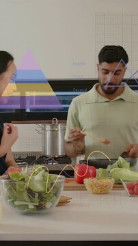 Vertical video: Cook stirring pan causing animated icons showing taste while woman tasting noodle
