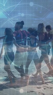 Vertical video: friends stepping from shore, walking linked, blue grid weaving, showing tech unity