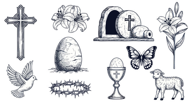 Easter Symbols Collection: Cross, Lily, Tomb, Egg, Dove, Lamb, Butterfly, Crown