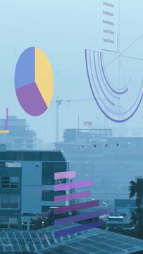 Vertical video: AR charts animating over hazy skyline, bars expanding to show city metrics on feed