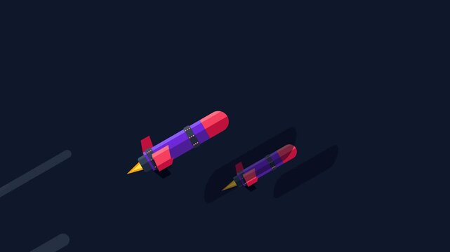 Two Stylized 2D Flat Design Missiles Flying Through Dark Background with Motion Lines