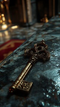 Ornate key on a textured surface conveying mystery and age in a vintage setting