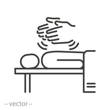 massage icon, manual massage, hands and patient, outline symbol on white background - editable stroke vector illustration eps10 
