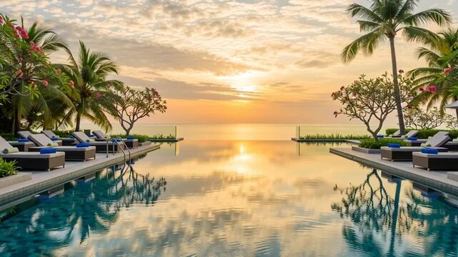 luxury resort infinity pool at sunset with palm trees and mountain view