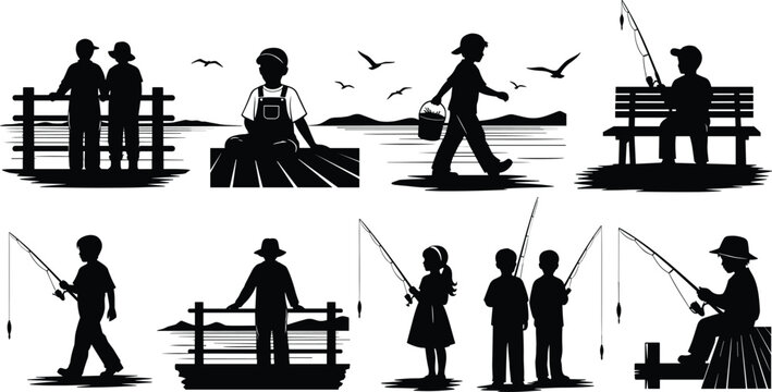 Children fishing silhouette collection by lake with rods pier and nature scenery outdoor activity vector illustration set