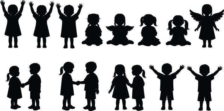 Children silhouettes set featuring kids playing sitting angel wings handshake standing poses isolated vector illustration collection