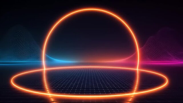 Abstract neon glowing orange semi-circle and ground with blue and pink wave forms