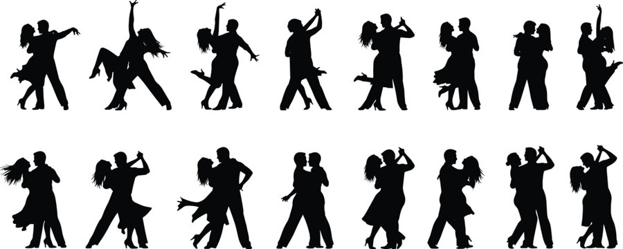 Couple dancing silhouettes set featuring romantic ballroom tango salsa dance poses isolated vector illustration collection