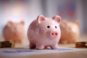 Obraz premium Pink ceramic piggy bank standing on financial charts with stacks of coins and two blurred piggy banks in the soft background symbolizing saving and investment planni