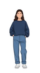 Fototapeta premium Young girl fashion designer in modern casual outfit, trendy oversized sweater, blue jeans, minimalist street style concept